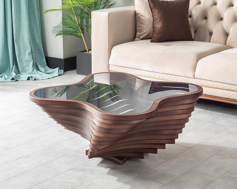 Design a modern coffee table - natural walnut veneer, tempered glass tabletop, layered wave shape, rustic wood, modern living room table, luxurious home and office decoration, central table in the living room. D9970