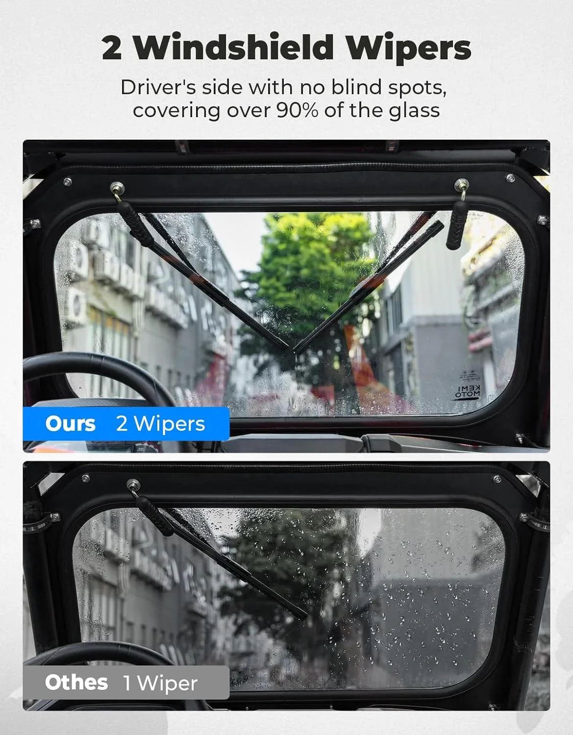 The glass windshield is equipped with 2 manual windshield wipers. It is scratch-resistant and wear-resistant. It is compatible with the 2019 - 2023 models of RZR XP 1000 / RZR XP super sports vehicles. The front windshield has a ventilatio