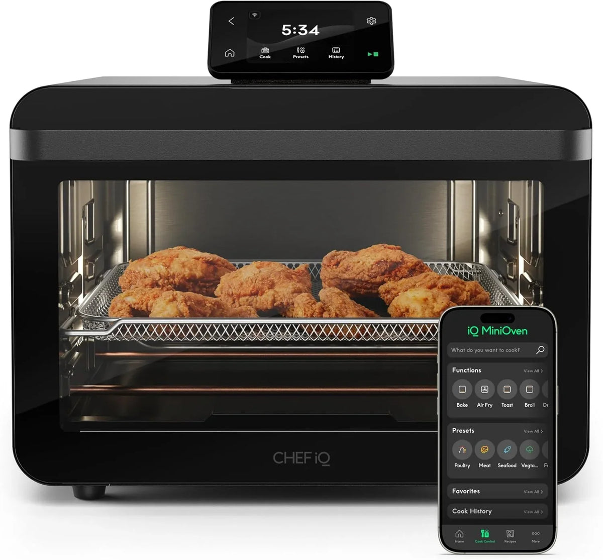 Intelligent oven and fryer combo, 11 integrated functions - countertop convection oven for baking, roasting, air frying, baking, dehydrating, 1750 watt power, 25 gallon capacity, controlled by touch screen for quick cooking - black