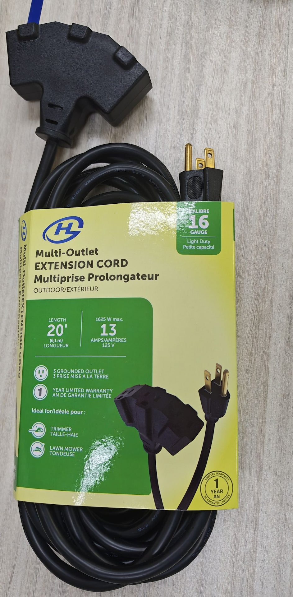 20' 16 Gauge 3-Tap Outdoor Extension Cord, Black