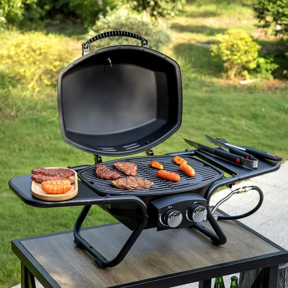 Burner Propane Gas BBQ Grill with Side Burner & Porcelain-Enameled Cast Iron Grates, 42,000 BTU Output Stainless Steel Grill for Outdoor Cooking Kitchen and Patio Backyard Barbecue-Captiva