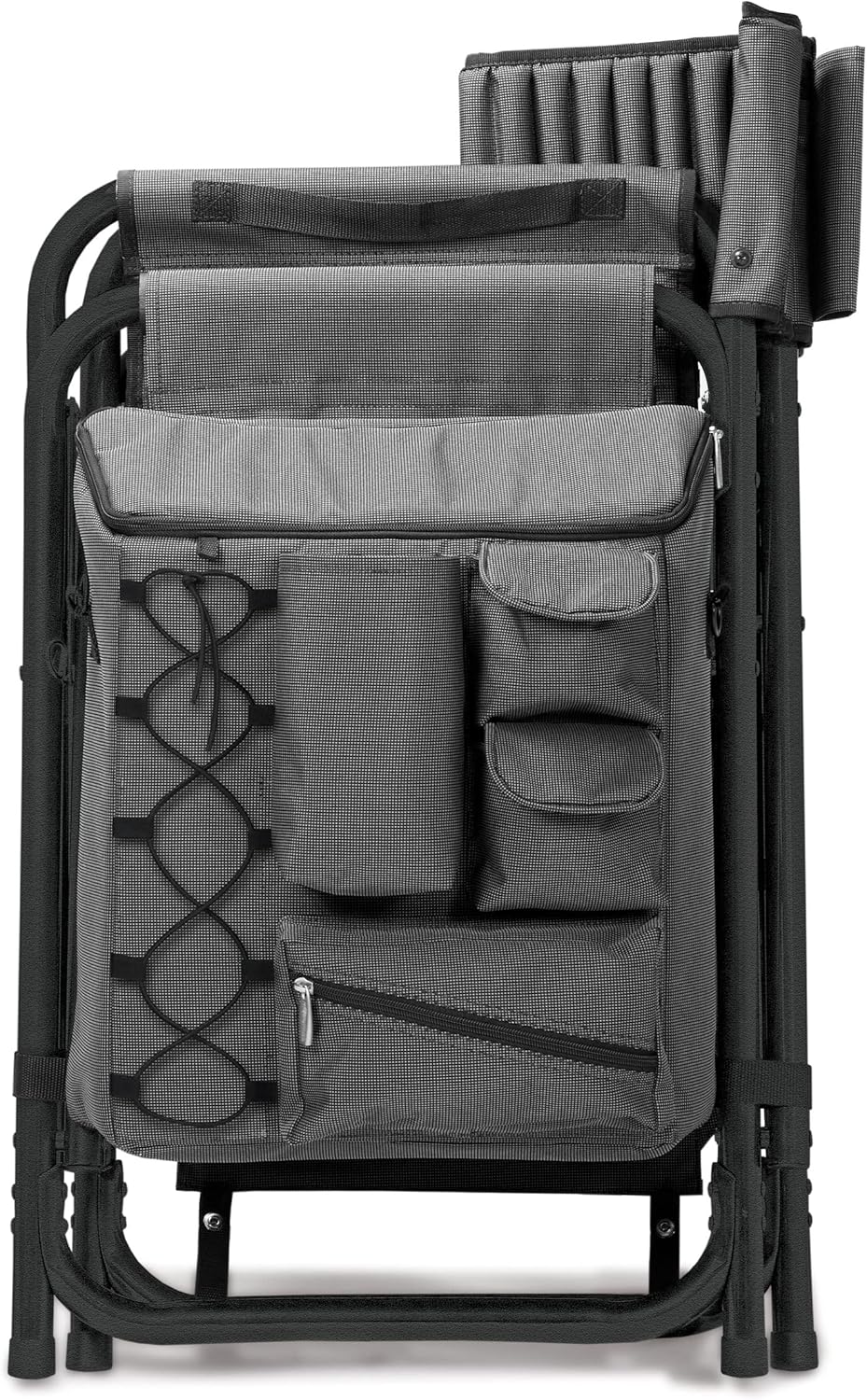 The "Picnic Time" brand's outdoor folding chairs with a unique design feature a grey base and a black frame. The dimensions are 33 x 7 x 21.