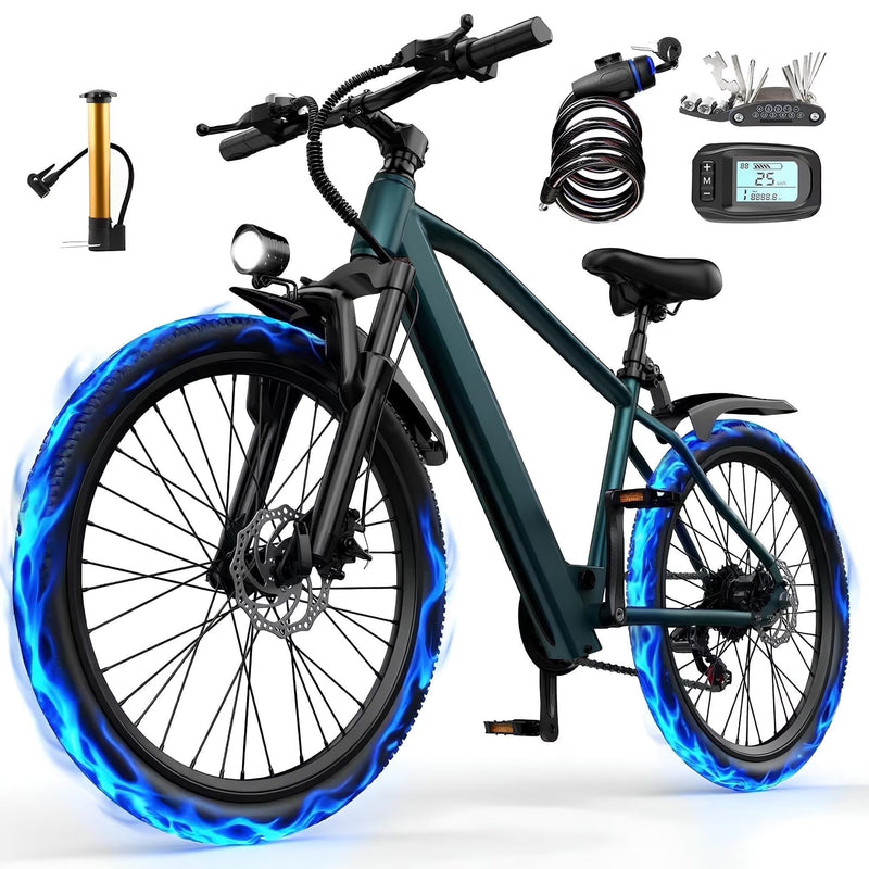 26 in Electric Bike for Adult,400W Motor,Top Speed 25MPH,40Miles Long Range,City Commuting E-bicycle With Front Fork Suspension, Dual Disc Brakes T9938
