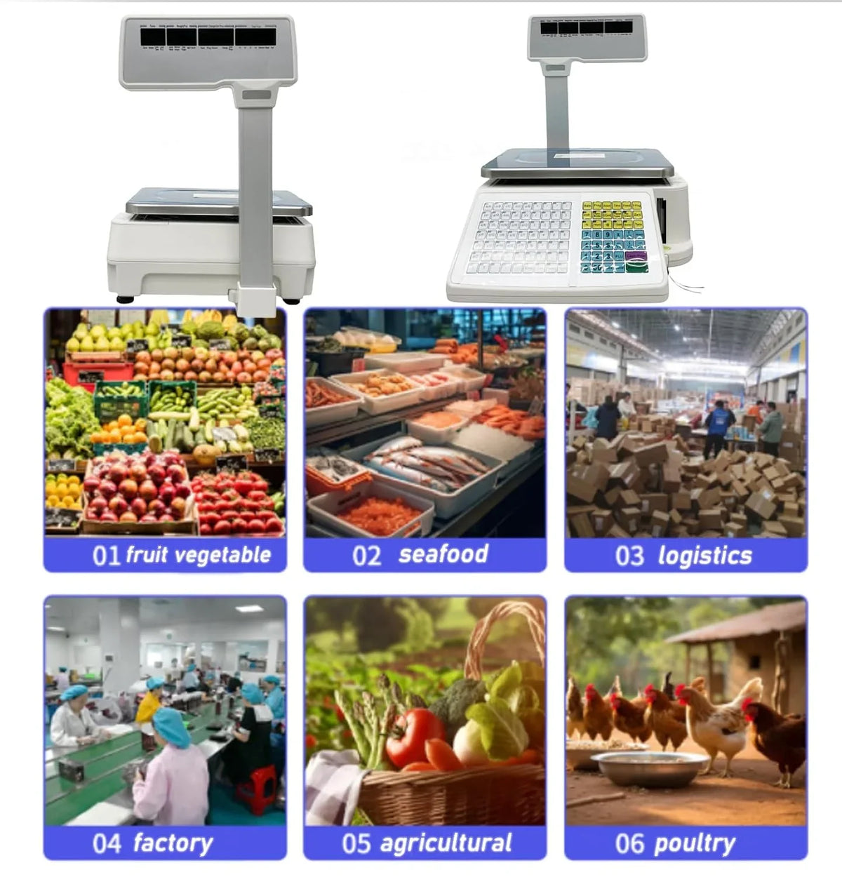 Commercial digital scale, equipped with thermal printer, 4 window vertical double-sided LCD display, capable of printing labels, maximum load capacity of 66 pounds, 110 volts, portable, suitable for storage areas, restaurants, bakeries