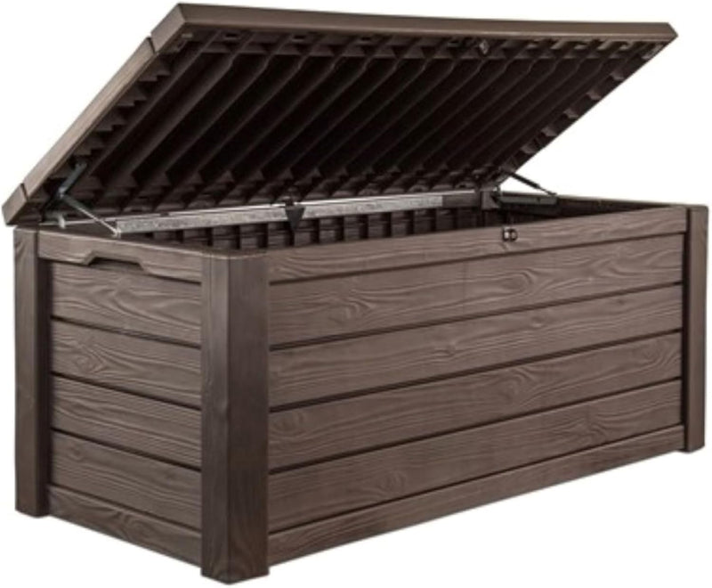 570-liter storage box, all-weather resin boat-shaped storage box, and stylish outdoor bench with piston-assisted lockable lid and side handles, dark coffee color version K4496