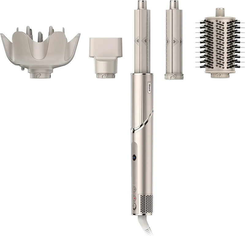 Powerful hair dryer and multi-functional styling tool, featuring automatic hair curler, paddle brush, oval brush, concentrator accessory and stones. D7859