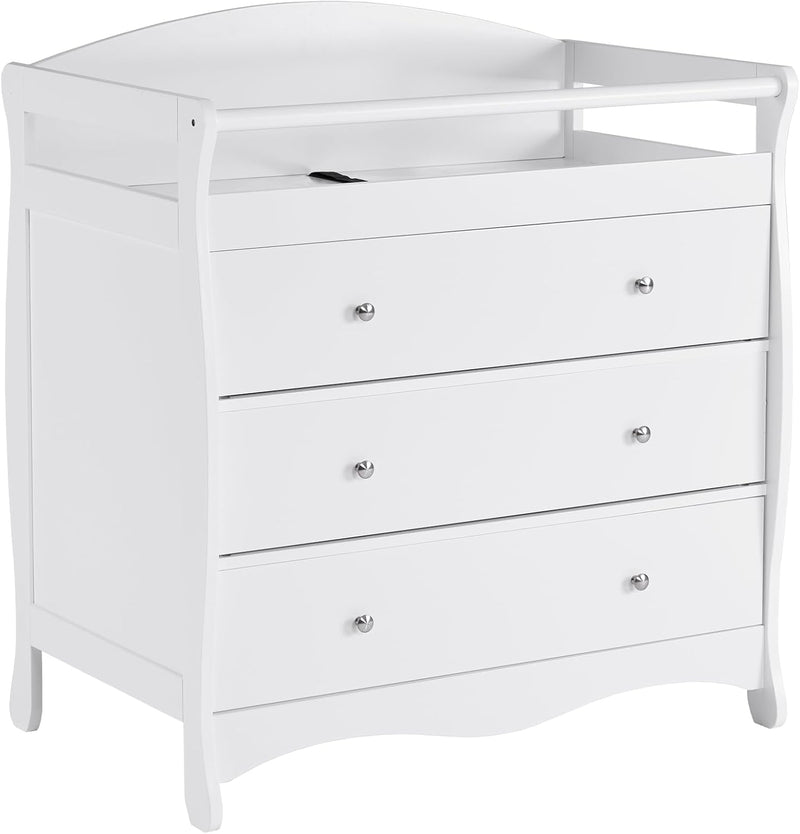 Changing Table Dresser Baby Diaper Changing Station Infant Nursing Table with 3 Drawers, Safety Rail & Strap for Bedroom, Nursery, White Q3712