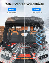The glass windshield is equipped with 2 manual windshield wipers. It is scratch-resistant and wear-resistant. It is compatible with the 2019 - 2023 models of RZR XP 1000 / RZR XP super sports vehicles. The front windshield has a ventilatio