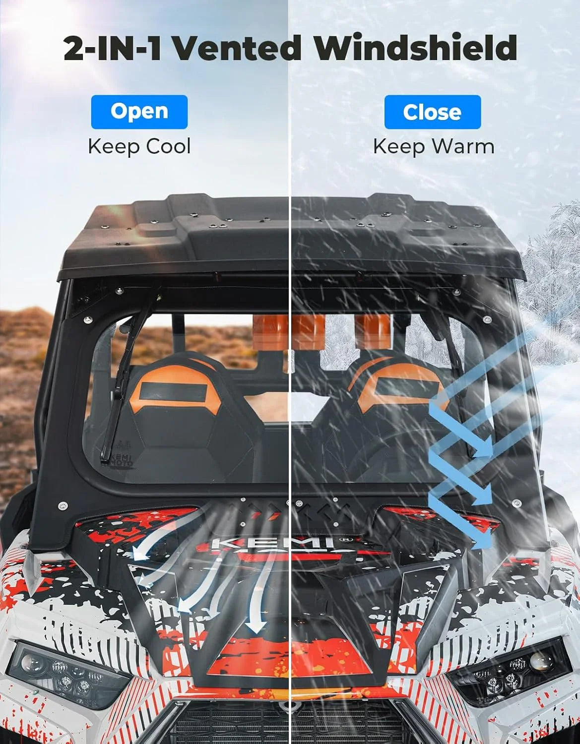 The glass windshield is equipped with 2 manual windshield wipers. It is scratch-resistant and wear-resistant. It is compatible with the 2019 - 2023 models of RZR XP 1000 / RZR XP super sports vehicles. The front windshield has a ventilatio