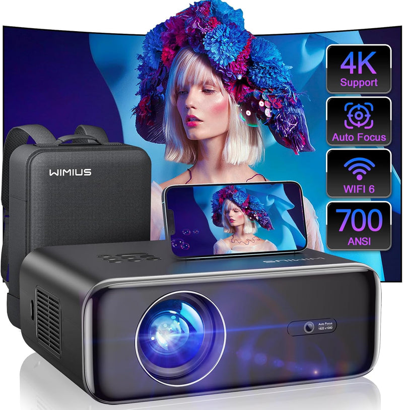 [Auto Focus/4K Support] Projector with WiFi 6 and Wireless 5.2, 700ANSI Native 1080P Outdoor Movie Projector, WiMiUS P62 Auto 6D Keystone & 50% Zoom, Smart Home Projector for iOS/Android/TV Stick W24
