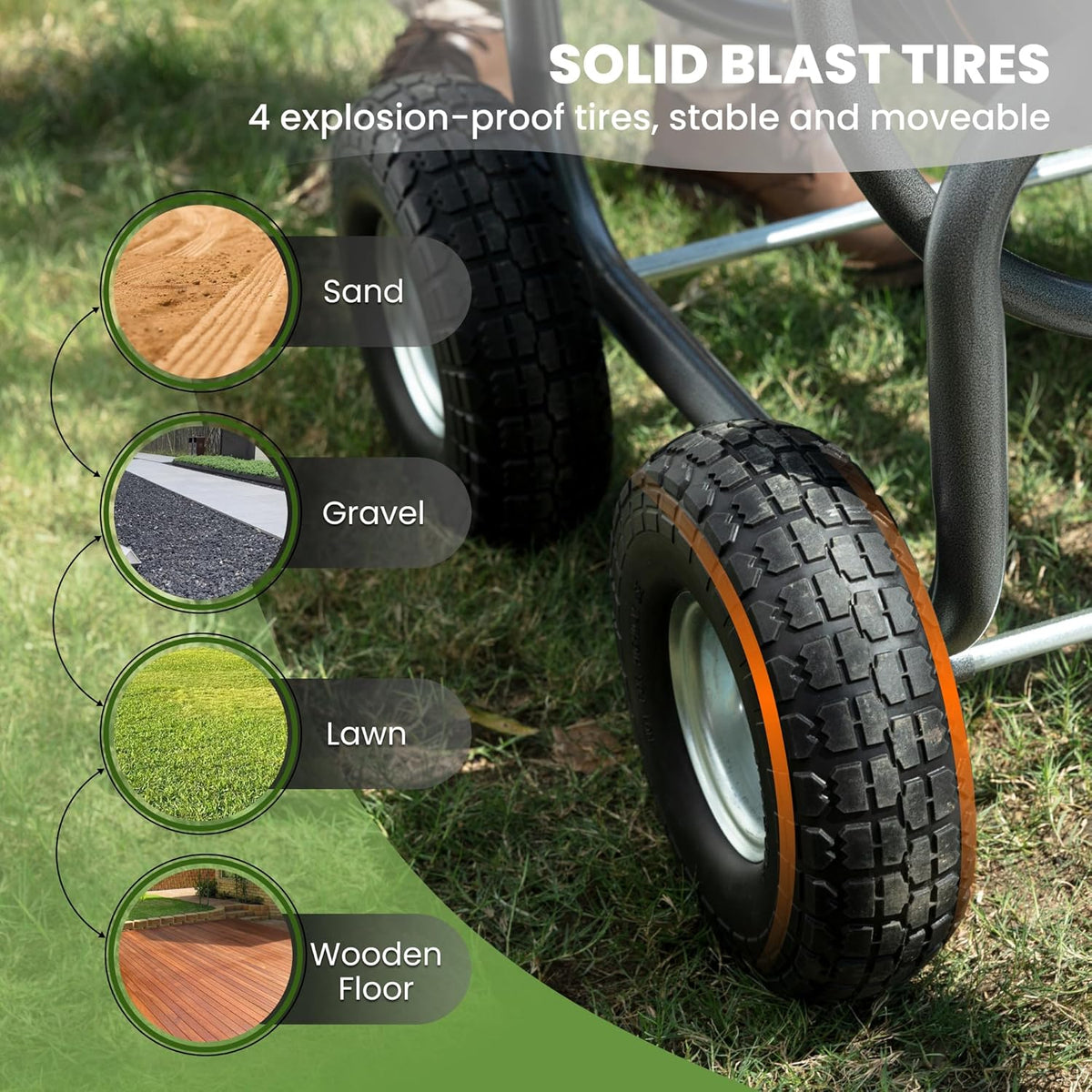 Tool pipe trailer, heavy-duty wheeled hose vehicle, suitable for outdoor industrial hose reels, length 250 feet, inner diameter 5/8 inches, hose guide device pre-installed.