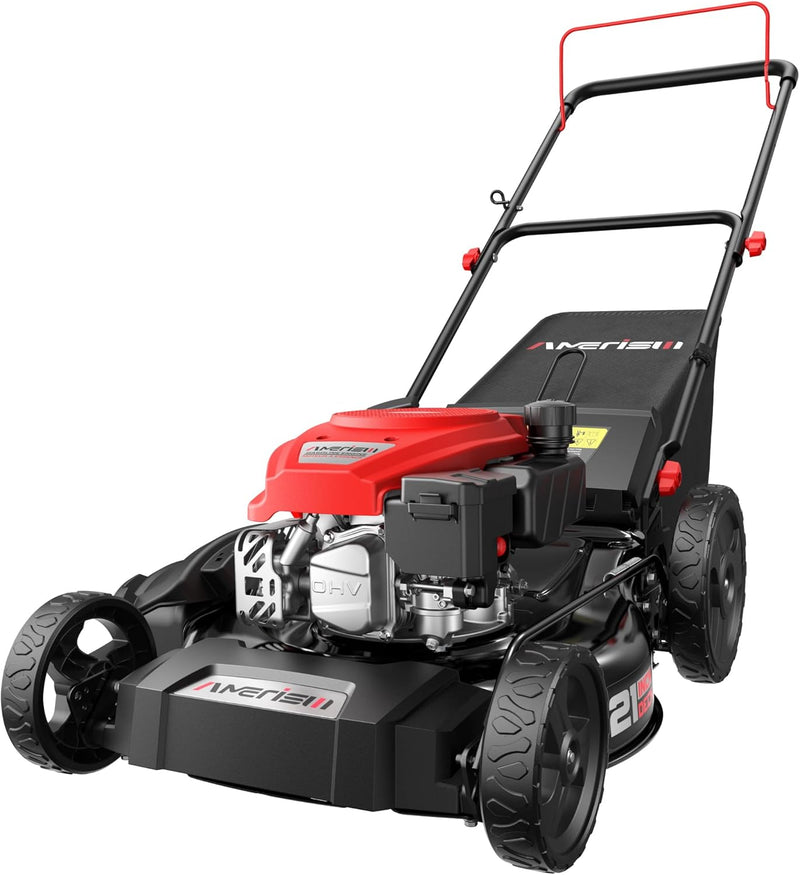 21" Steel Deck Gas Lawn Mower, 3-in-1 Push Mower, 144cc 4-Stroke OHV Engine, 6 Height Adjustment, 1.4 Bushel Grass Catcher with Bagging, Mulching & Side Discharge Efficient for Yard Garden H8564