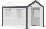 A 20-foot x 10-foot x 9-foot walk-in green house with an outdoor garden greenhouse, equipped with 6 roll-up windows, 2 zipper doors and a rain cover, in white color.