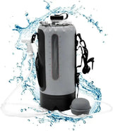 Outdoor sports water bag, portable solar shower set, with pressure foot pump, foldable travel water storage device, suitable for camping, beaches, travel and activities.