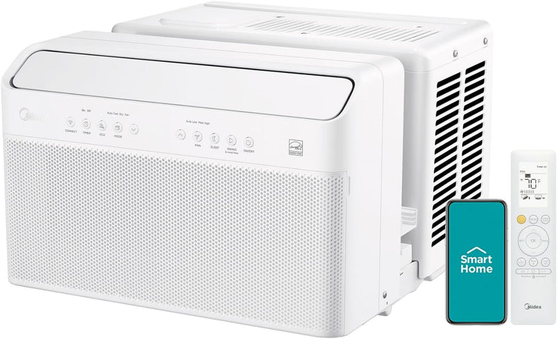 8,000 BTU U Shaped Smart Inverter Window Air Conditioner, Cools up to 350 Sq. Ft., Ultra Quiet with Open Window Flexibility, Works with Alexa/Google Assistant, 35% Energy Savings, Remote Control R5802
