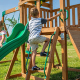 A complete set of wooden mountain-style swings, equipped with a colorful canvas sunshade, a wave slide, a rope swing, a net swing, and a rock wall with climbing ropes and ladders.