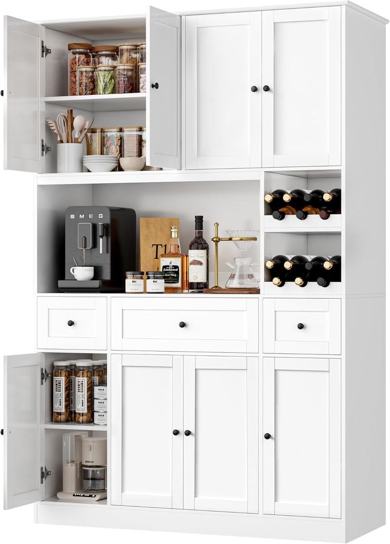 72" Tall Kitchen Pantry with Wine Rack, Pantry Cabinet with Microwave Stand, Large Hutch with Ample Storage, Hutch Cabinet for Kitchen, Dining, Living Room, White B9865
