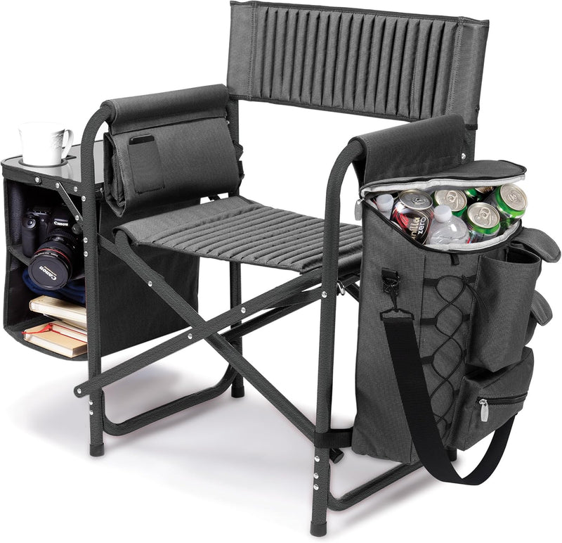The "Picnic Time" brand's outdoor folding chairs with a unique design feature a grey base and a black frame. The dimensions are 33 x 7 x 21. T8089
