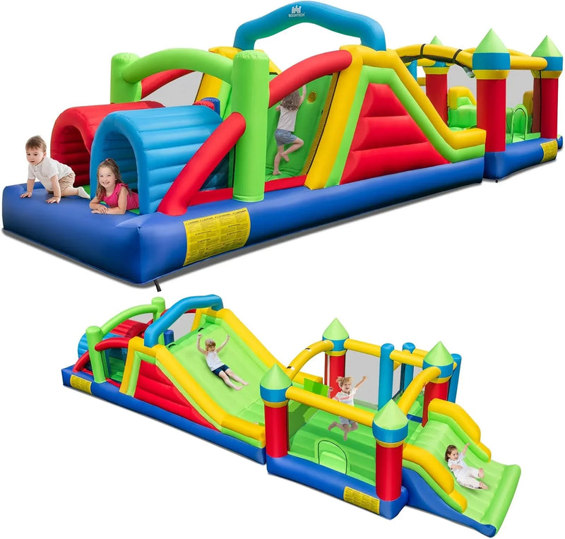 Inflatable Obstacle Course Bounce House, Kids Huge Sectional Bouncy Castle with Dual Slides, Tunnels, Bounce Area, Climbing, Obstacles, Playhouse for Kids Indoor Outdoor Birthday Party Gift P9253