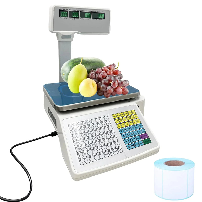 Commercial digital scale, equipped with thermal printer, 4 window vertical double-sided LCD display, capable of printing labels, maximum load capacity of 66 pounds, 110 volts, portable, suitable for storage areas, restaurants, bakeries G623