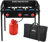 Dual-burner outdoor gas stove | 150,000 British thermal units portable propane stove, with blue flame control, detachable legs, temperature control knob, windproof panel, hose, regulator and storage box