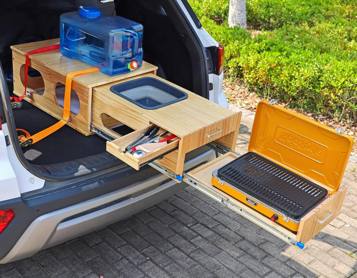 Ultimate Land Kitchen - A camping kitchen kit that combines functions of washing, chopping and cooking - Can be assembled in just 30 seconds - Perfect for land expeditions!