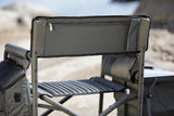 The "Picnic Time" brand's outdoor folding chairs with a unique design feature a grey base and a black frame. The dimensions are 33 x 7 x 21.