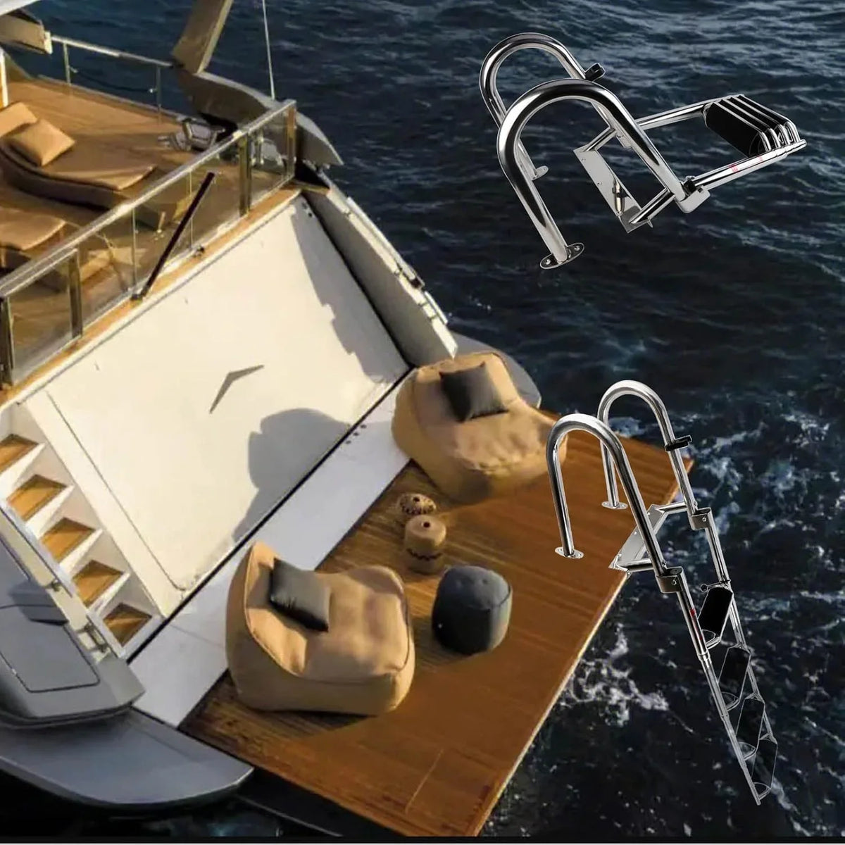 4 Steps Telescoping Boat Ladder Reinforce Dock Ladder Heavy Duty Swim Deck Ladder with Hand Railings and Extra Wide Steps