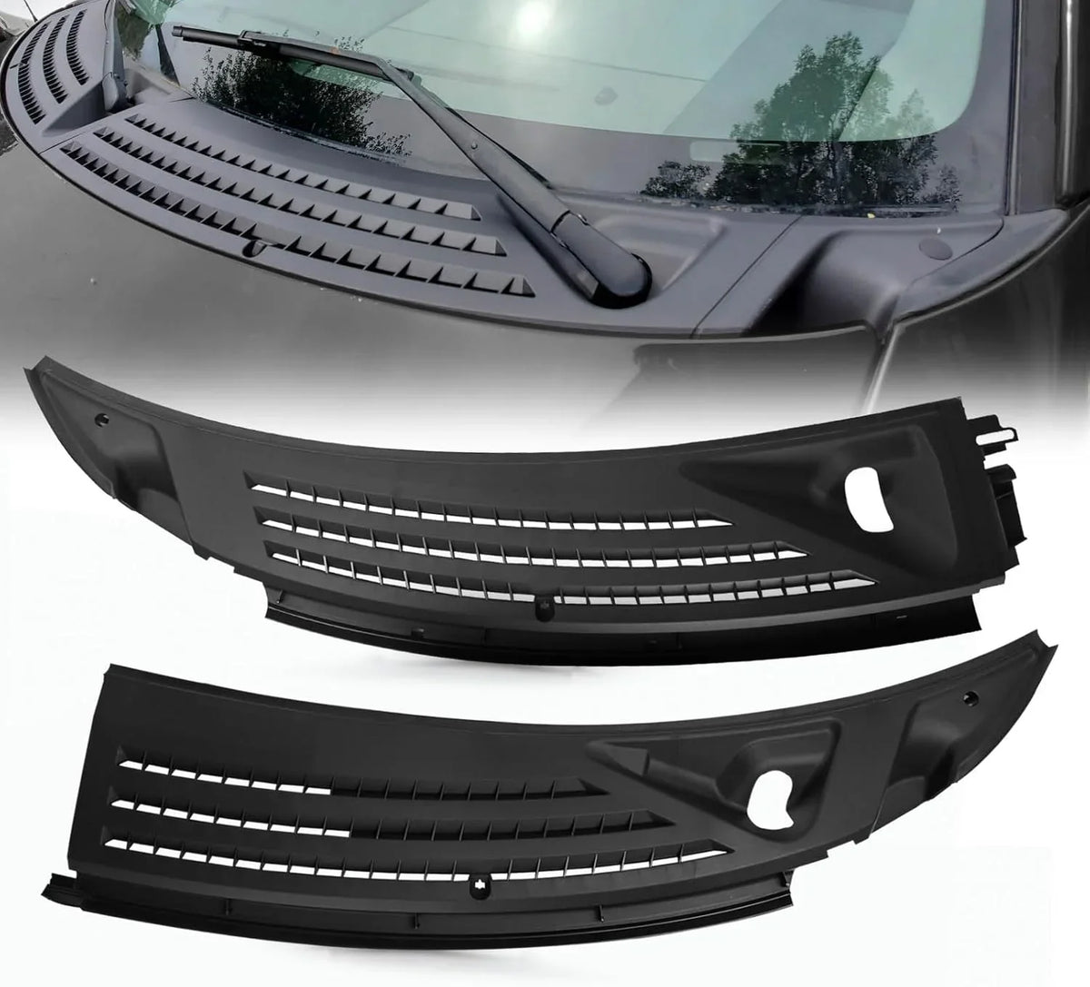 The front windshield wiper cover panel grille is compatible with the 2009 - 2014 models of F150. It features two front insert panels on both the left and right sides.