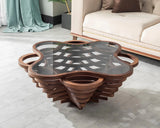 Design a modern coffee table - natural walnut veneer, tempered glass tabletop, layered wave shape, rustic wood, modern living room table, luxurious home and office decoration, central table in the living room.