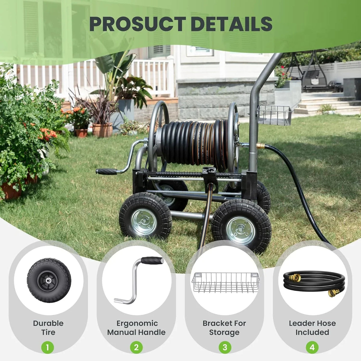 Tool pipe trailer, heavy-duty wheeled hose vehicle, suitable for outdoor industrial hose reels, length 250 feet, inner diameter 5/8 inches, hose guide device pre-installed.
