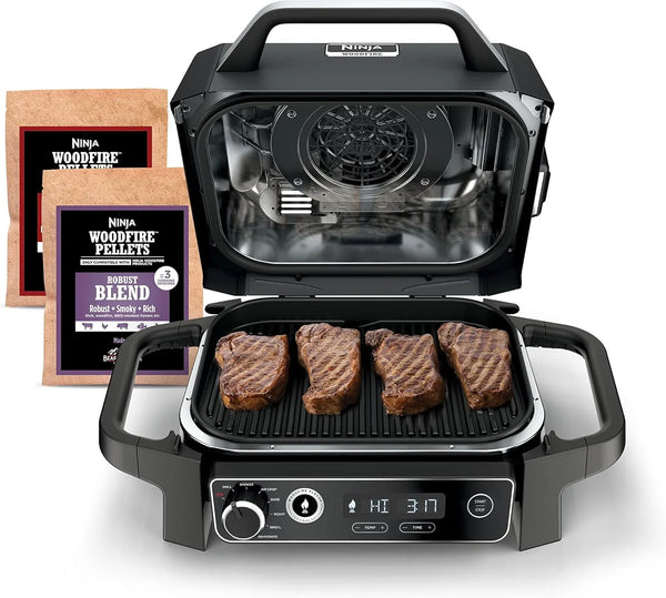7-in-1 Multi-functional (Barbecue, Slow Roast, Bake, Air Fry, Dehydration, Grill, Smoking) | Portable and highly weather-resistant | Capable of cooking up to 6 steaks and 30 hot dogs | Includes wood pellet fuel F6748