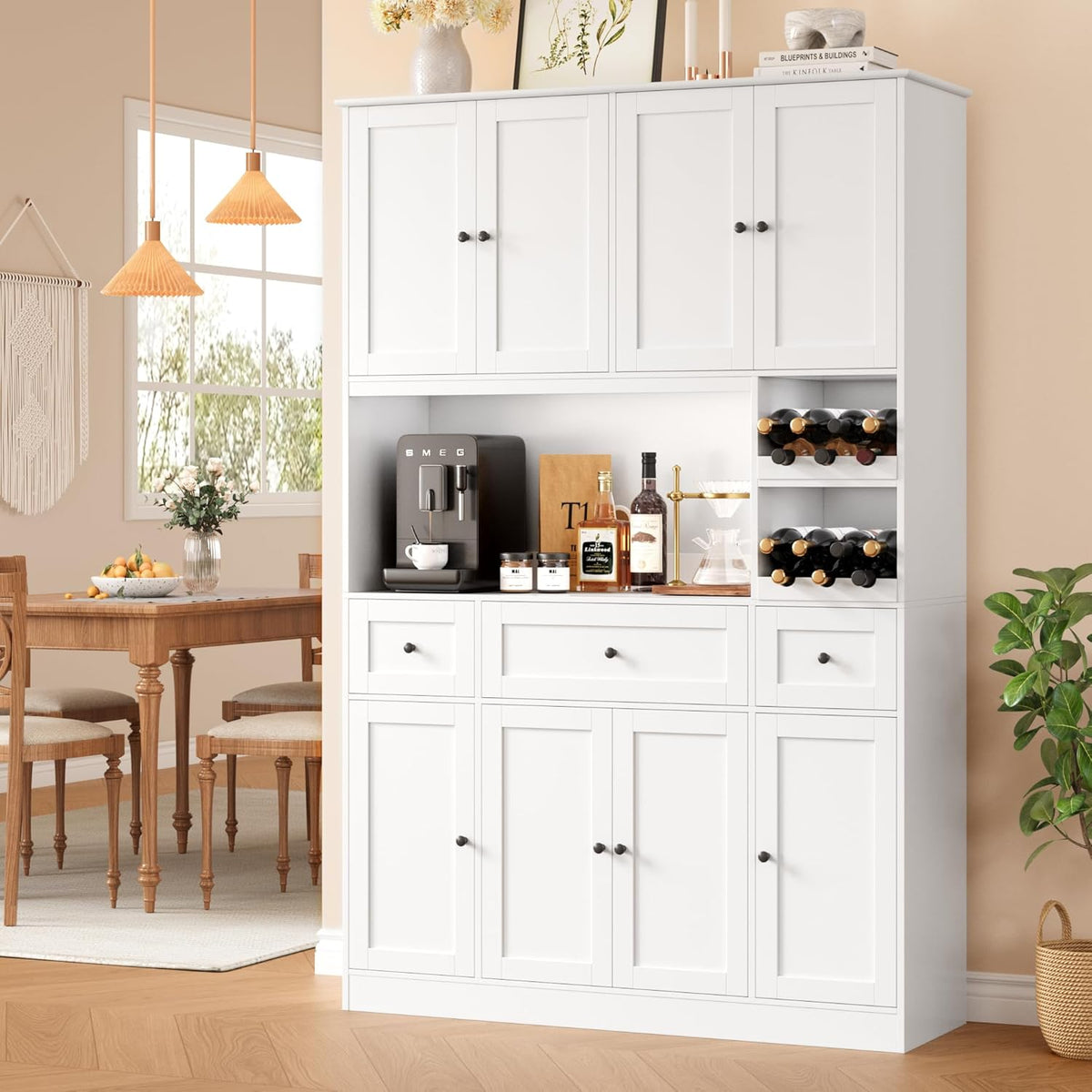 72" Tall Kitchen Pantry with Wine Rack, Pantry Cabinet with Microwave Stand, Large Hutch with Ample Storage, Hutch Cabinet for Kitchen, Dining, Living Room, White