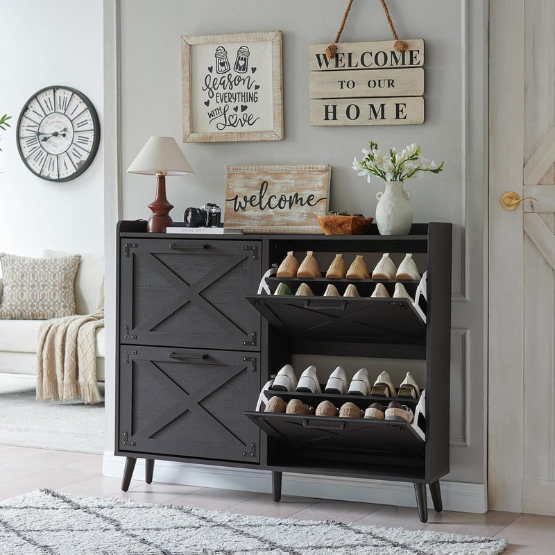 Shoe Storage Cabinet,Farmhouse Shoe Organizer with 4 Flip Drawers & Barn Door Design,Freestanding Hidden Slim Narrow Shoe Rack Cabinet for Entryway,Foyer,Hallway,Walnut D228
