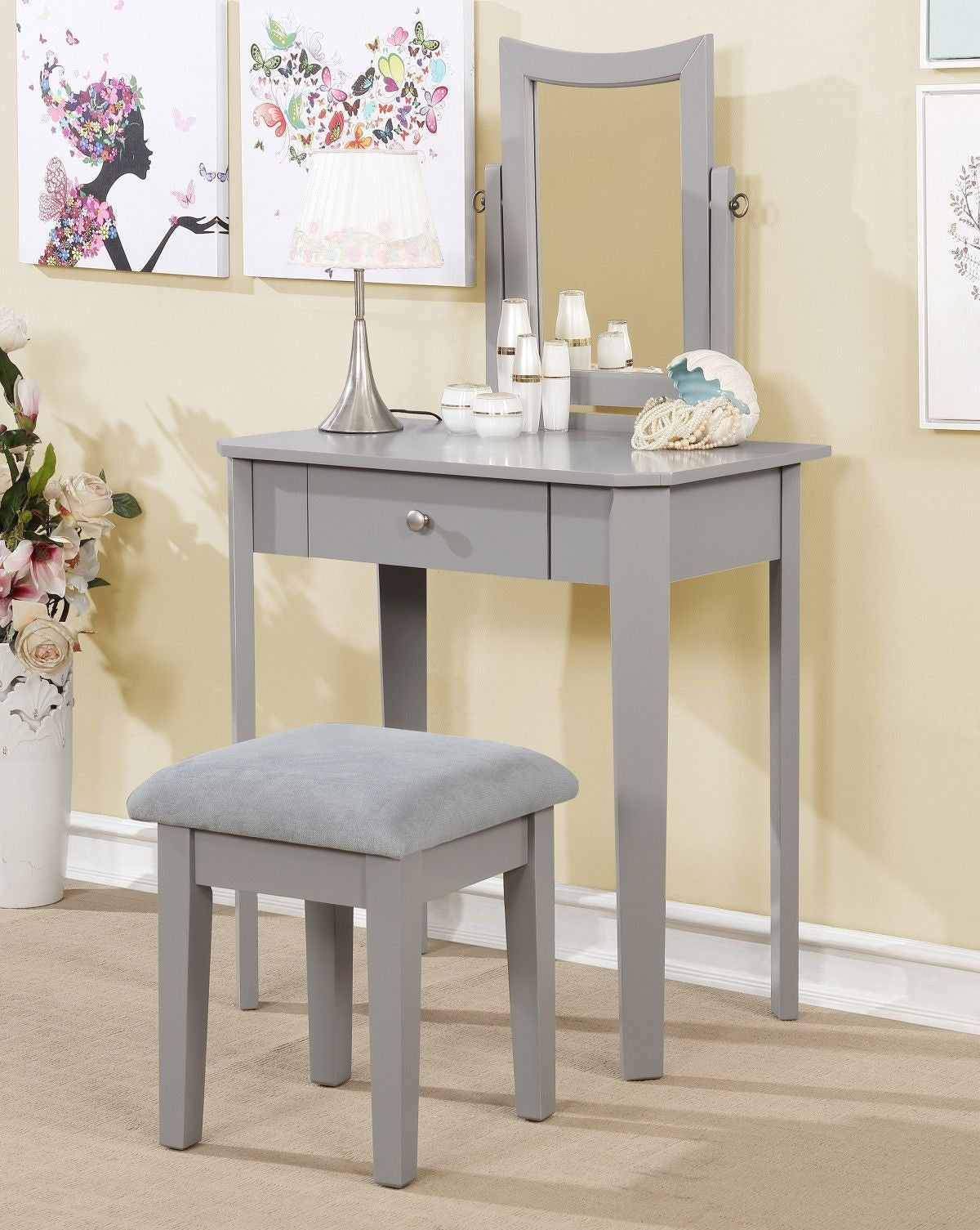 Cece 1-Drawer Grey Dressing Table Makeup Vanity Set with Stool and Mirror