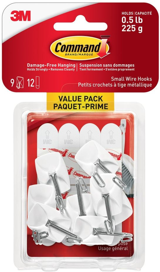 Small Wire Hooks Value Pack with Adhesive Strips, White, 0.5-lbs, 9 Strips per Pack L1199