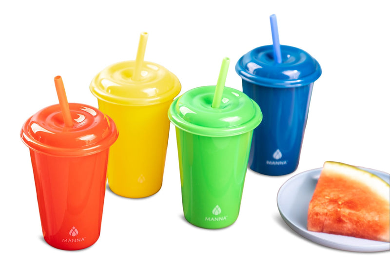 Plastic Kids Cups with Straws & Lids, 4-pc, Assorted Colours P5429