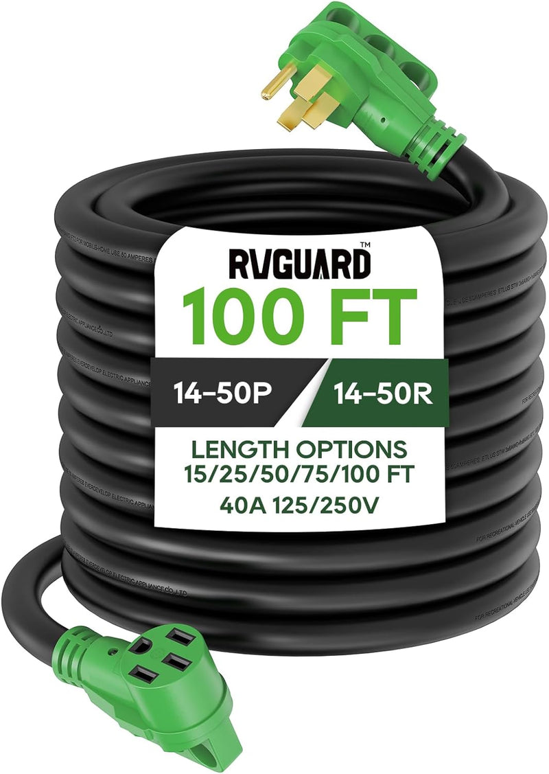 40 Amp 100 Foot RV/EV Extension Cord, NEMA 14-50P/R Heavy Duty Extension Cord with LED Power Indicator and Cord Organizer, Green F9896