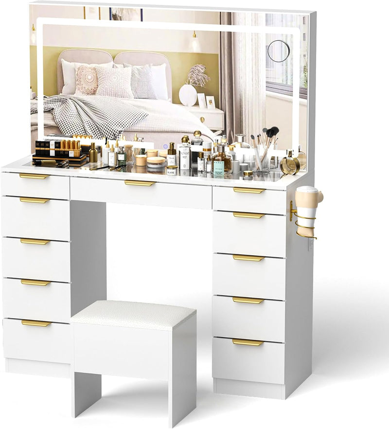 Glass Top Vanity Desk with Mirror and Lights, 11 Drawers Makeup Vanity with Golden Handles, 3 Lighting Modes Upgraded Silent Slides Vanity Desk with Bench, Portable Mirror and Power Putlet R8372