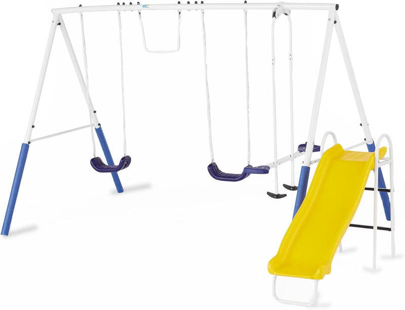 Recreation Blue Ridge Backyard Playground Set Sturdy Metal A Frame Swing with Chain Covers, Glider, Trapeze, 2 Swings, and Slide, Multicolor N4891