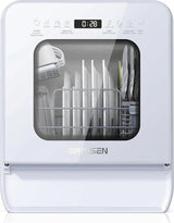 Desktop dishwasher set, double-layer shelf design, portable dishwasher, built-in 5-liter water tank, 3 spray arms, 12-hour delay start, no need to connect power supply, white model