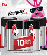 Max 4-pk D Alkaline Batteries, Long Lasting, All Purpose