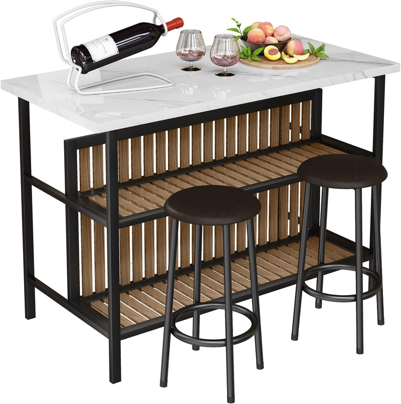 Kitchen Island with Seating & Storage Shelf, Faux Marble Island Table for Kitchen, Modern Bar Table and Chairs Set for 2,Dining Table Set for Small Space,White A2231