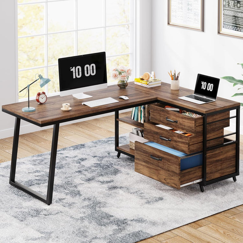 L-Shaped Computer Desk with 3 Drawers, Reversible Corner Home Office Desk with Shelves, 53-Inch Industrial PC Desk Study Writing Table Workstation for Small Space, Rustic Brown B6520