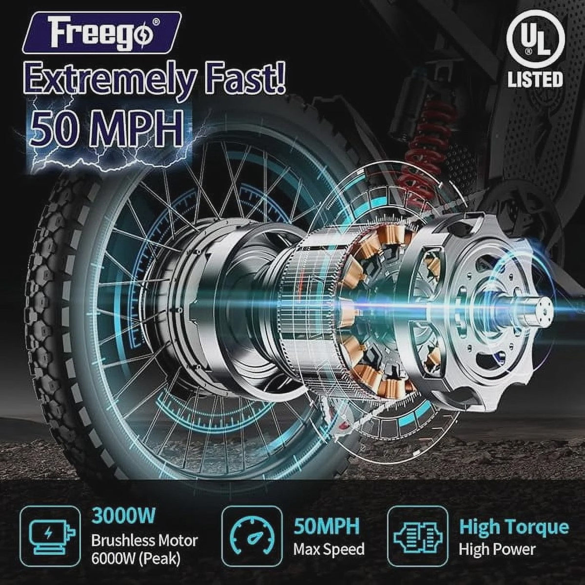 6000W(Peak) Motor 60V/30Ah Battery Freego X2Pro Electric Motorcycle for Adults, Electric Bike,50MPH/7 Speed Off Road Electric Bicycle,19 x 2 Full...