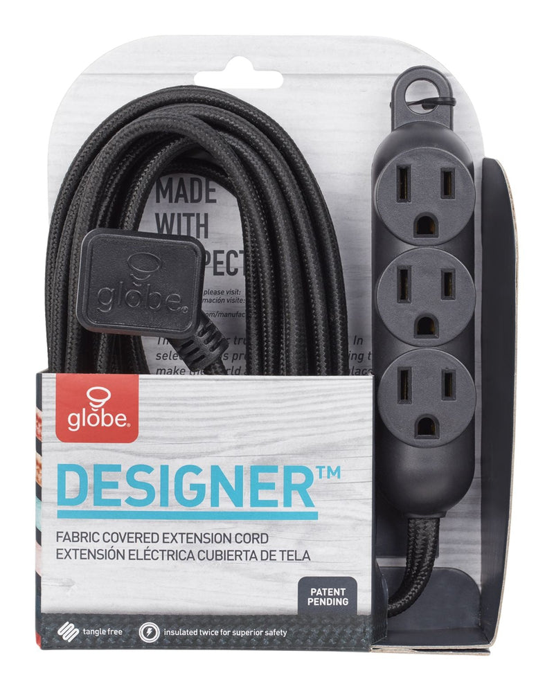 12-ft 16/3 Fabric Extension Cord, Right Angle Plug, 3 Outlets, Black S2254
