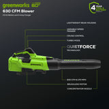 60V 630CFM 170MPH Leaf Blower 2.5Ah Battery 3A Charger