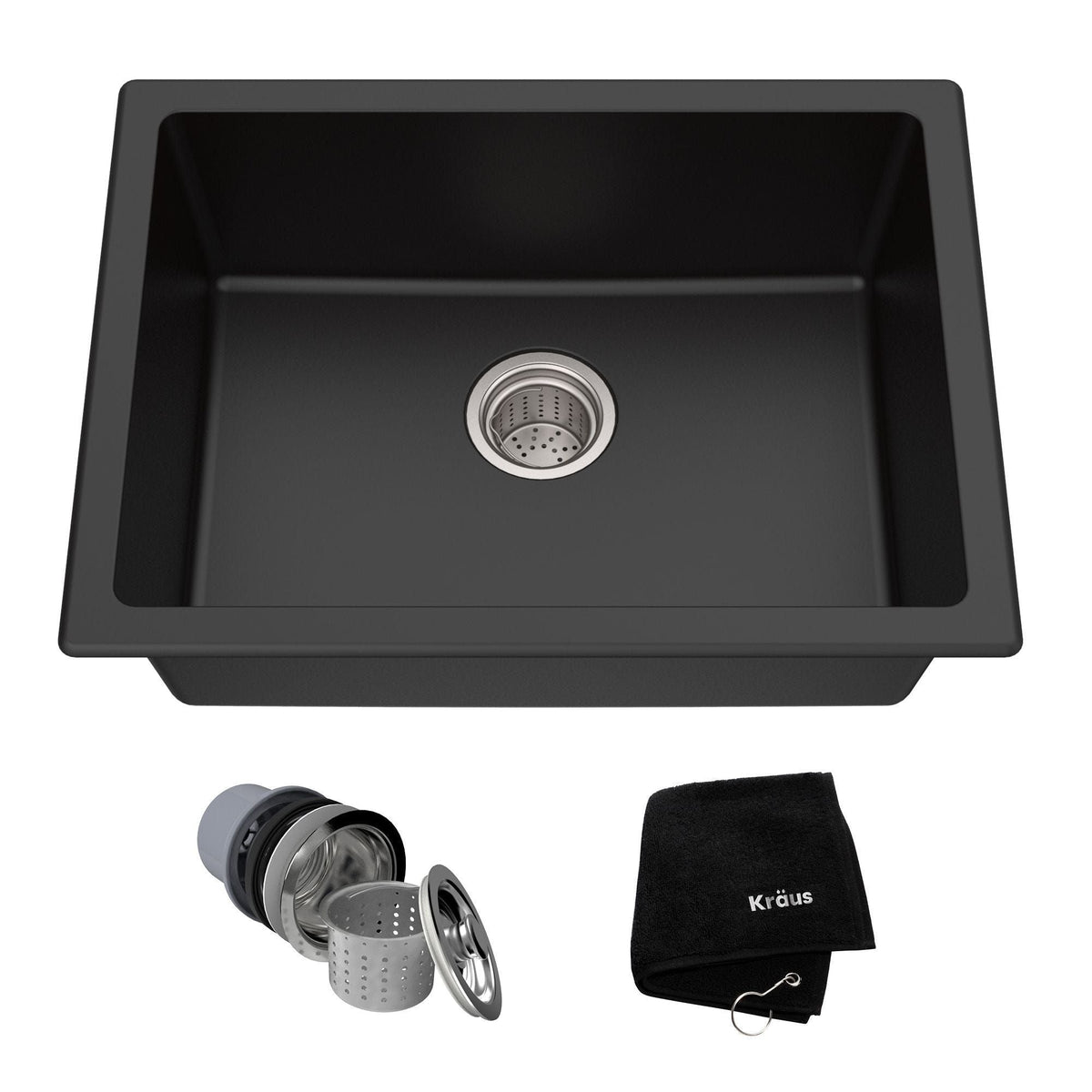 Quarza Top/Undermount Granite Single Bowl Kitchen Sink, Black Onyx, 24x18x9-in