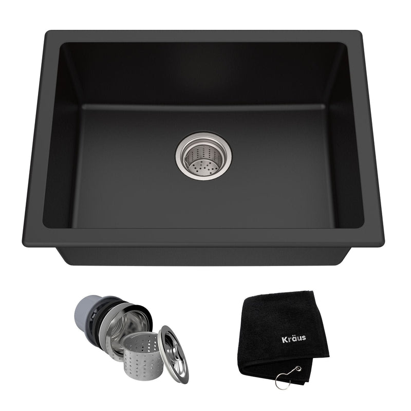 Quarza Top/Undermount Granite Single Bowl Kitchen Sink, Black Onyx, 24x18x9-in Z2657