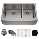 Standard PRO Apron Front Farmhouse Stainless Steel Double Bowl Kitchen Sink, 33x21x10-in